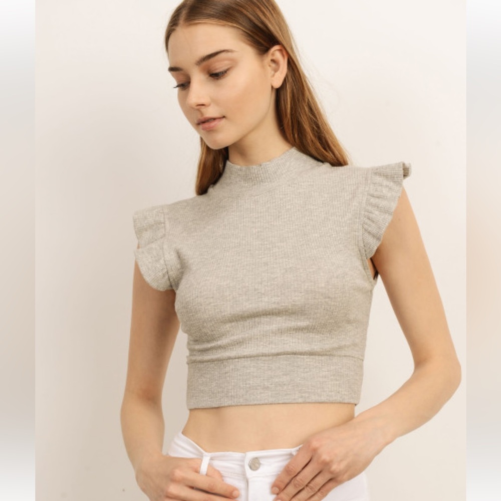 Storia Ribbed Ruffle Sleeve Cropped Top Sz S - Picture 3 of 12